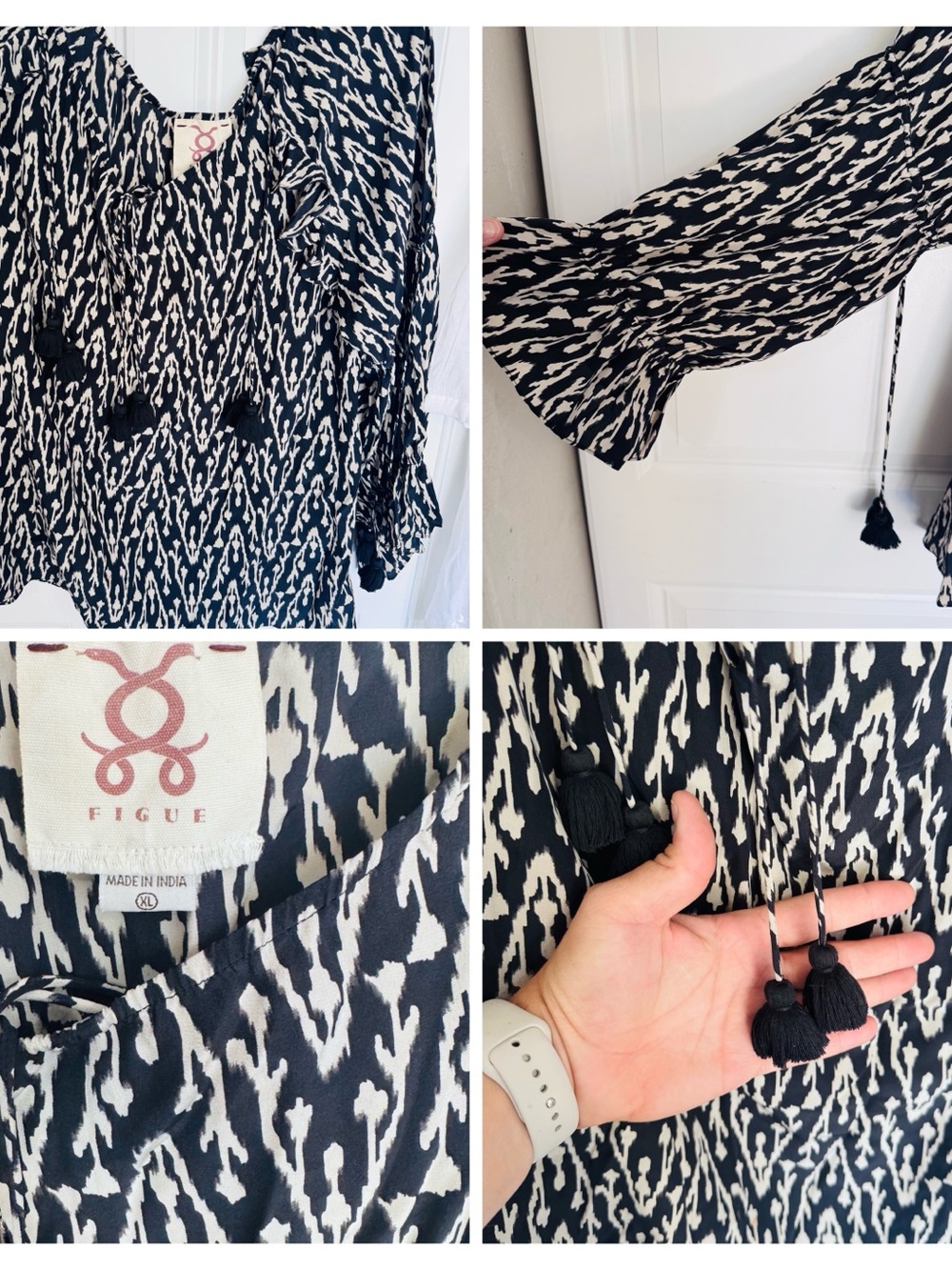 Figue Black & White Ikat Tassel Tunic